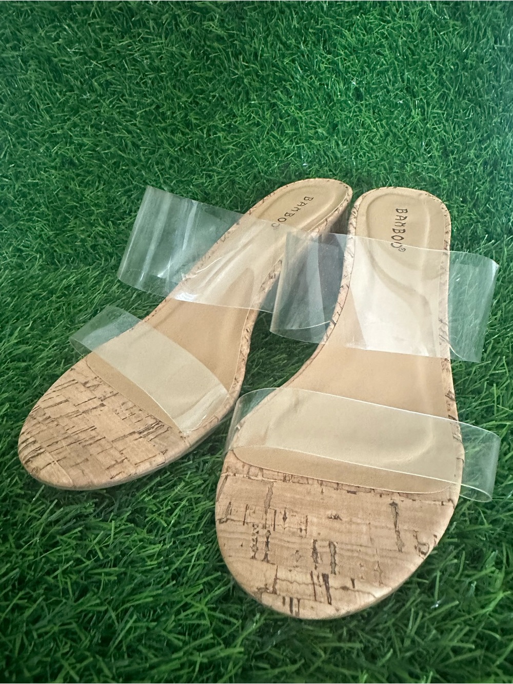 BAMBOO Clear Strap Cork Slide Sandals - Tan